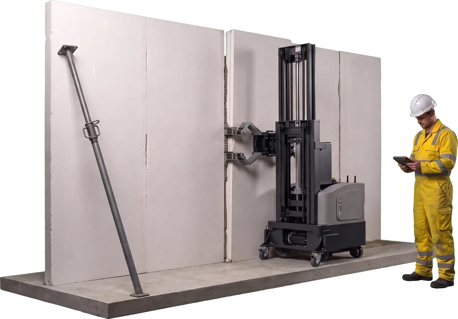 Illustration: the robot pushing a panel home at the joint while an installer watches with a tablet