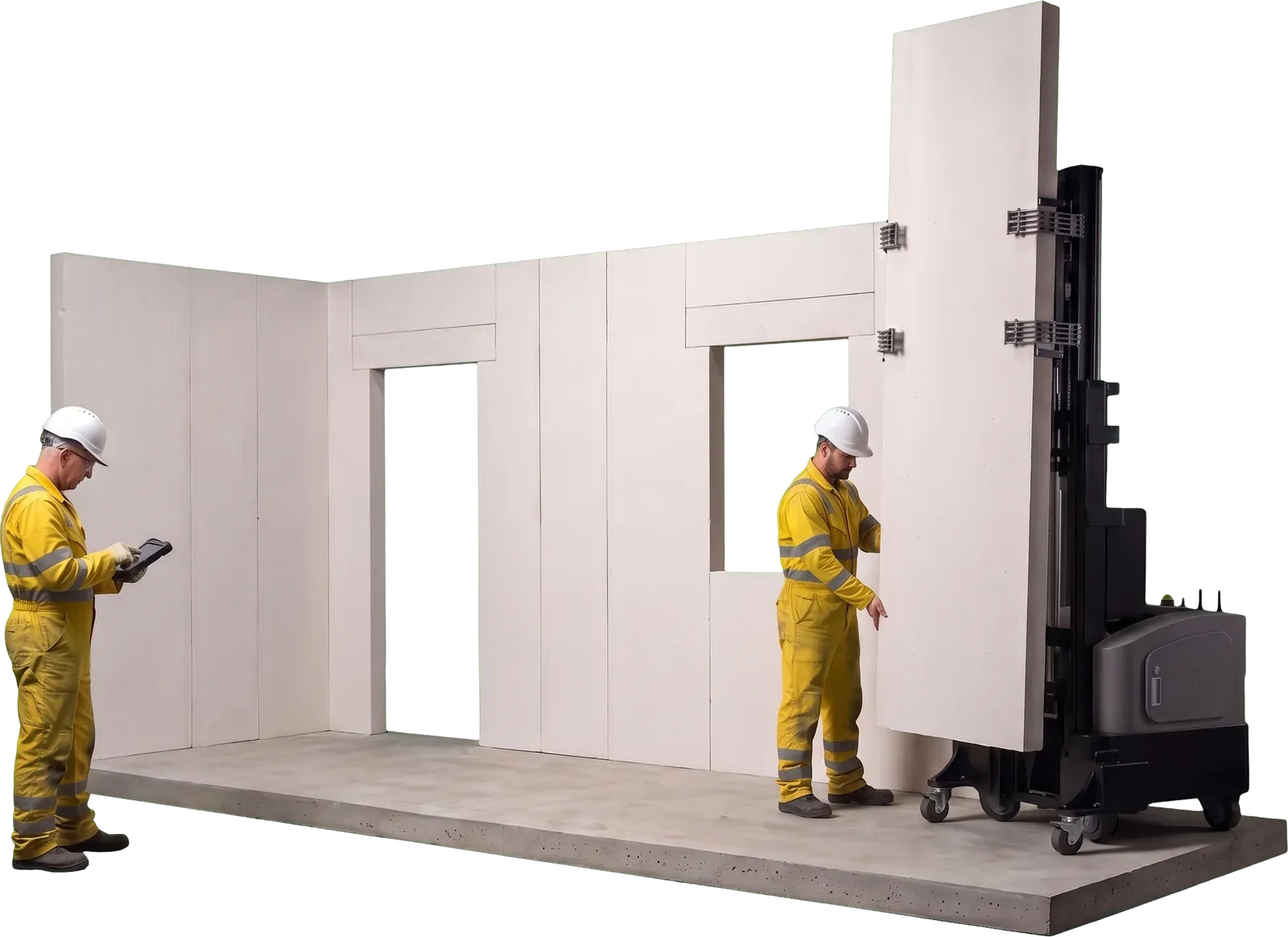 Illustration: the robot standing a tall panel at the end of a wall with a door and a window opening