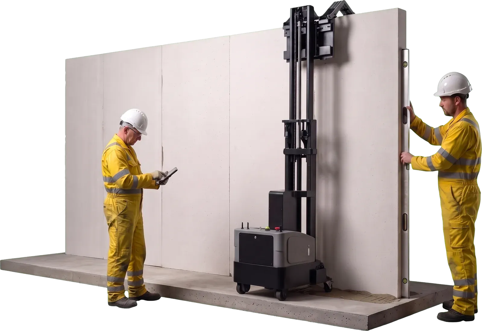 Illustration: two installers beside the robot, one checking a tablet while the other holds a spirit level against the panel